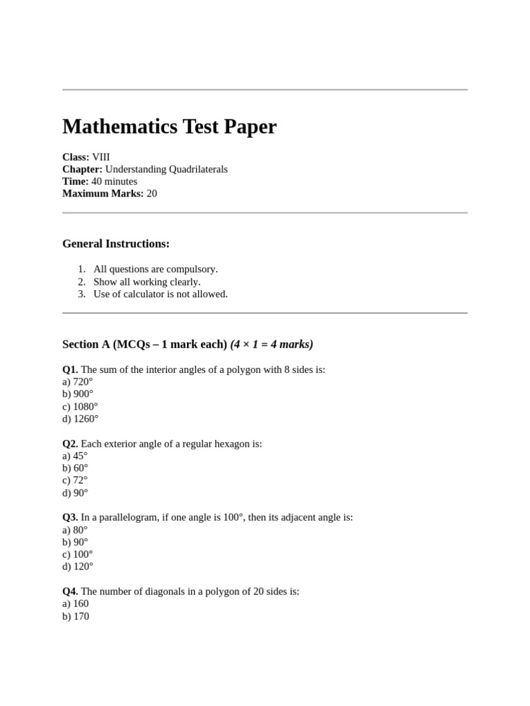 Mathematics Test Paper, QUADRILATERALS | PDF | Rectangle | Geometry