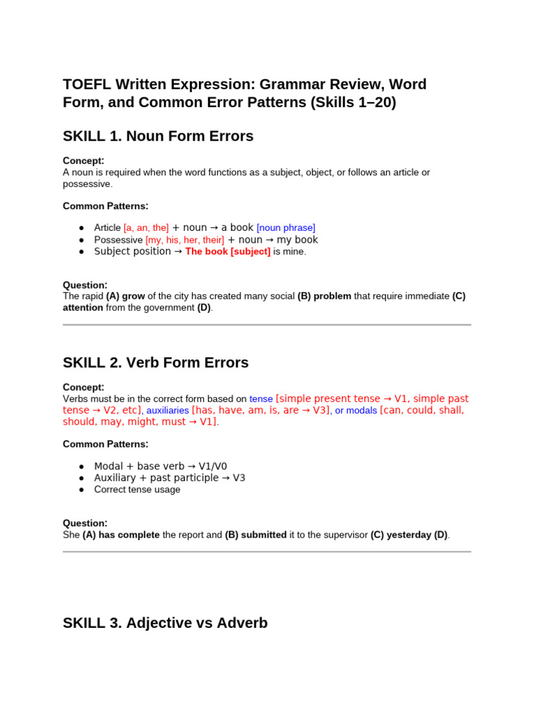 TOEFL Written Expression - Grammar Review, Word Form, and Common Error ...