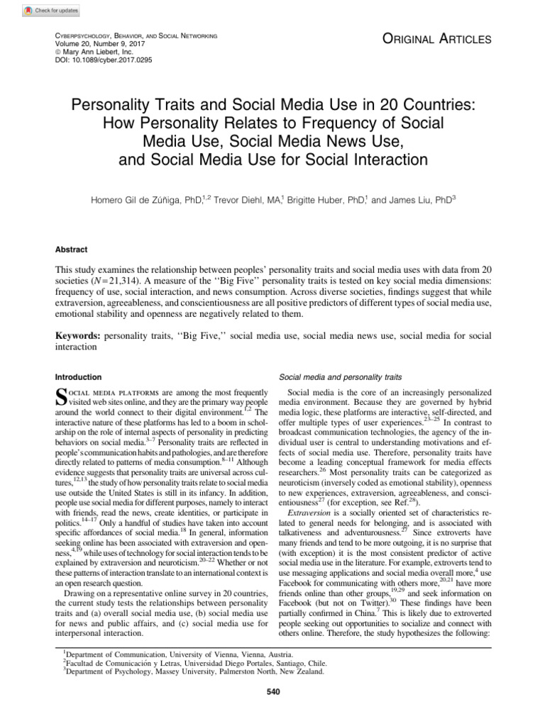 Gil de Zúñiga Et Al 2017 Personality Traits and Social Media Use in 20 ...