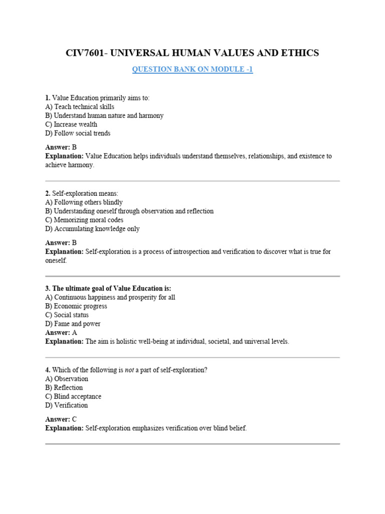 UHV - Question Bank - Module 1 | PDF | Value (Ethics) | Well Being