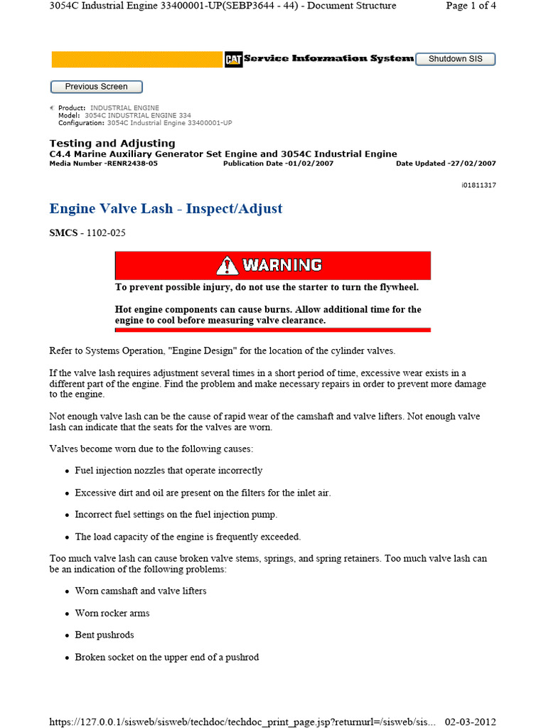 Engine Valve Lash - CAT C4.4 | PDF | Engines | Rotating Machines