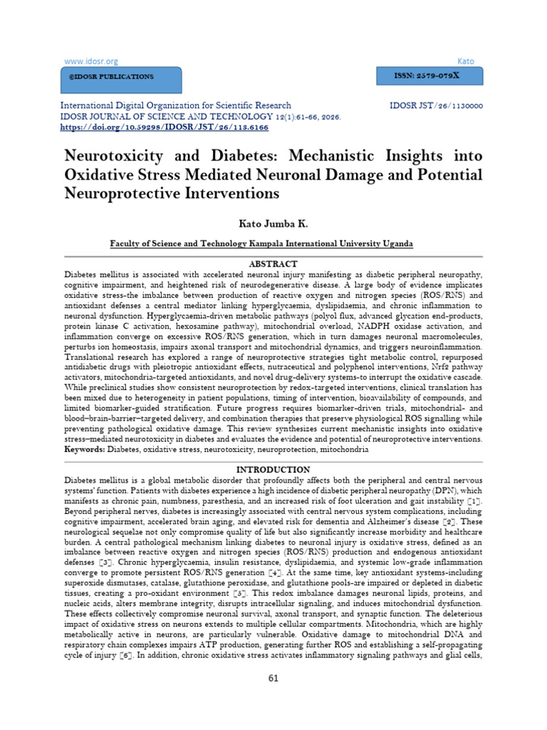 Neurotoxicity and Diabetes: Mechanistic Insights Into Oxidative Stress ...