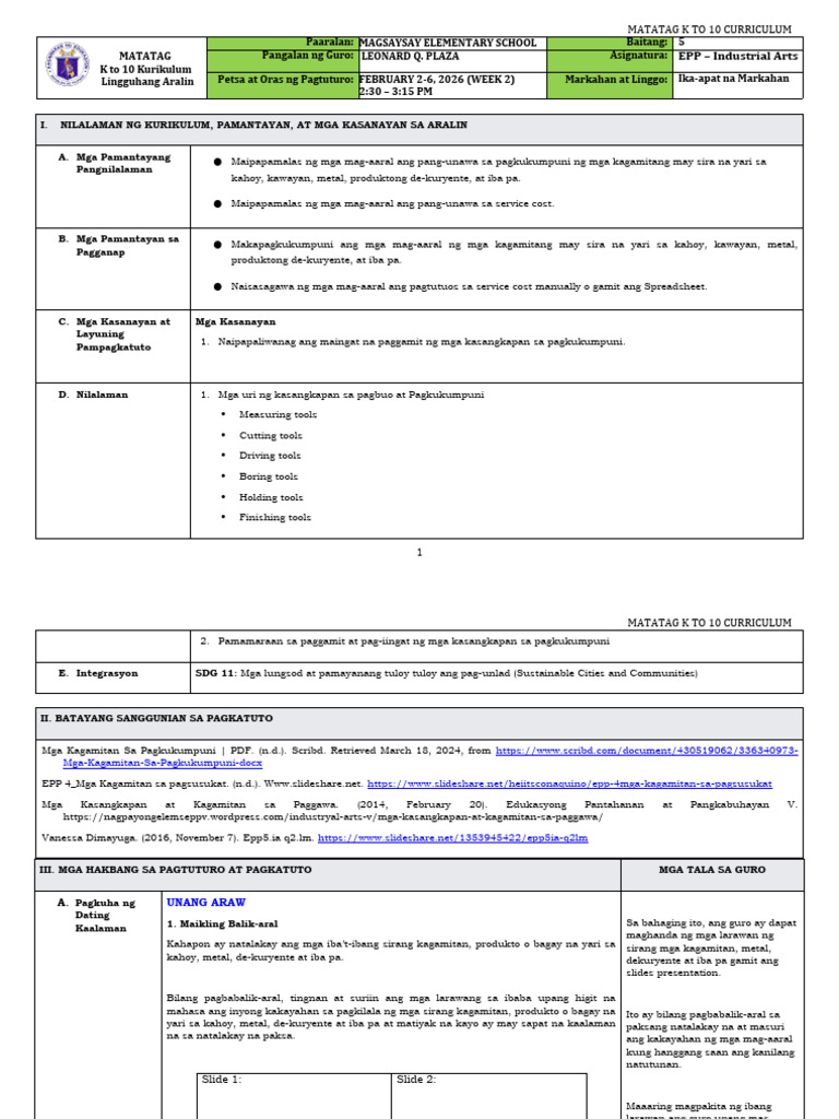 DTC - DLL Matatag - Epp 5 q4 w2 | PDF