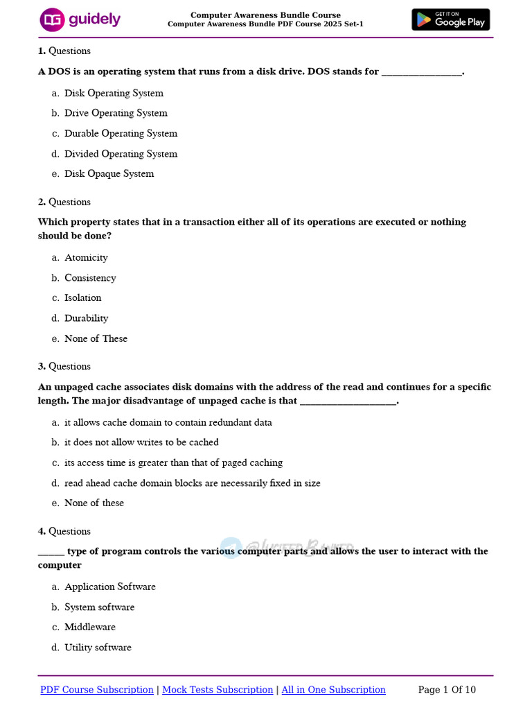 Computer Awareness Bundle PDF Course 2025 Set-1 | PDF | Computer Data ...