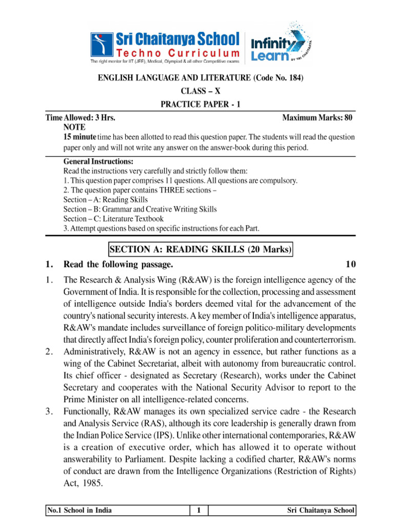 CBSE English Class X Practice Paper - 1 2025-26 | PDF