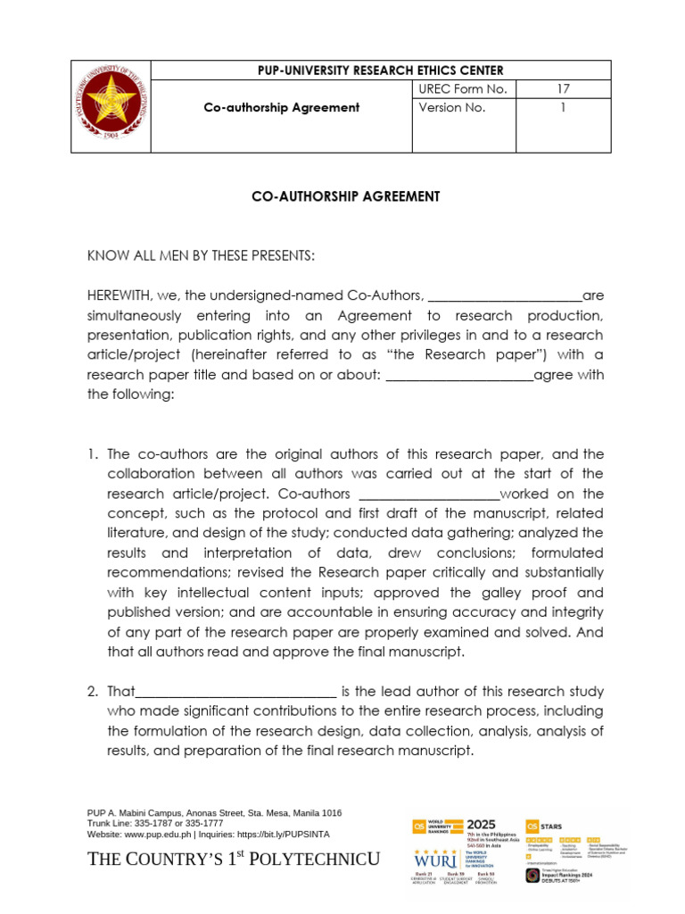 UREC Form 17 Co Authorship Agreement | PDF | Justice | Crime & Violence