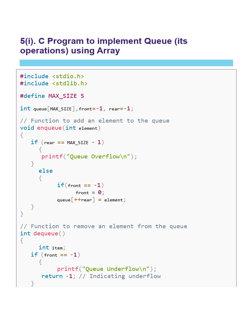 5 (I) - Queue Using Arrays | PDF | Queue (Abstract Data Type ...