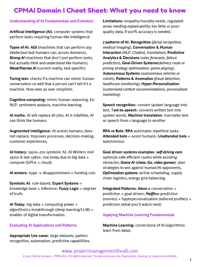 CPMAI Domain I Cheat Sheet PMforAll | PDF | Artificial Intelligence ...