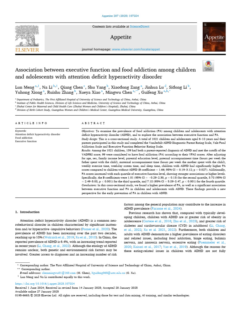 Association Between Executive Function and Food Addiction Among Chi ...
