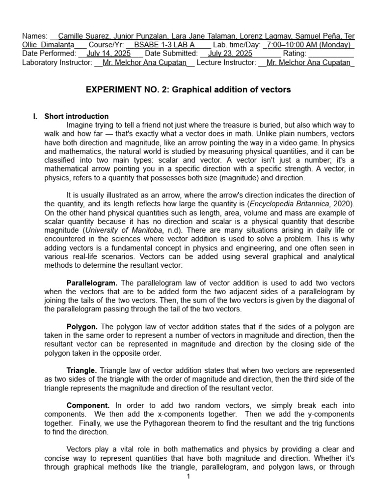 (PHYS 1232 LAB A) Lab Report - Experiment 2 - Graphical Addition of ...