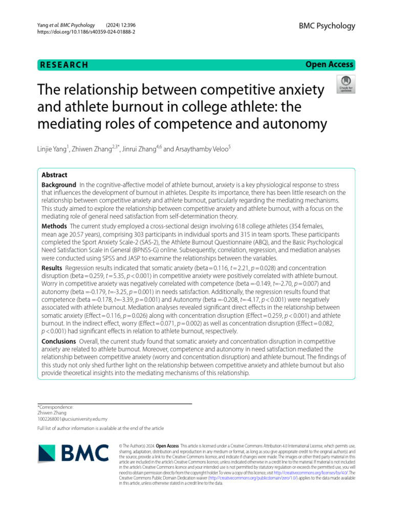 The Relationship Between Competitive Anxiety and Athlete Burnout in ...