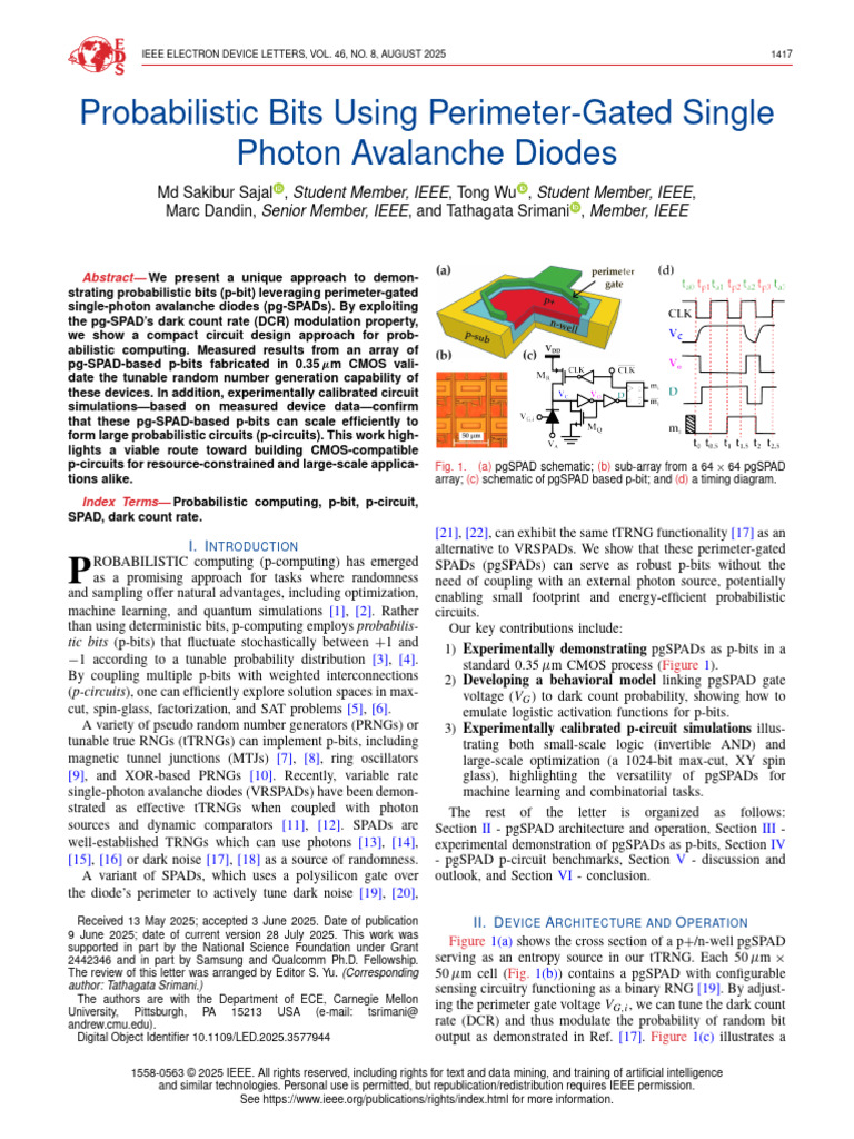 Probabilistic Bits Using Perimeter-Gated Single Photon Avalanche Diodes ...