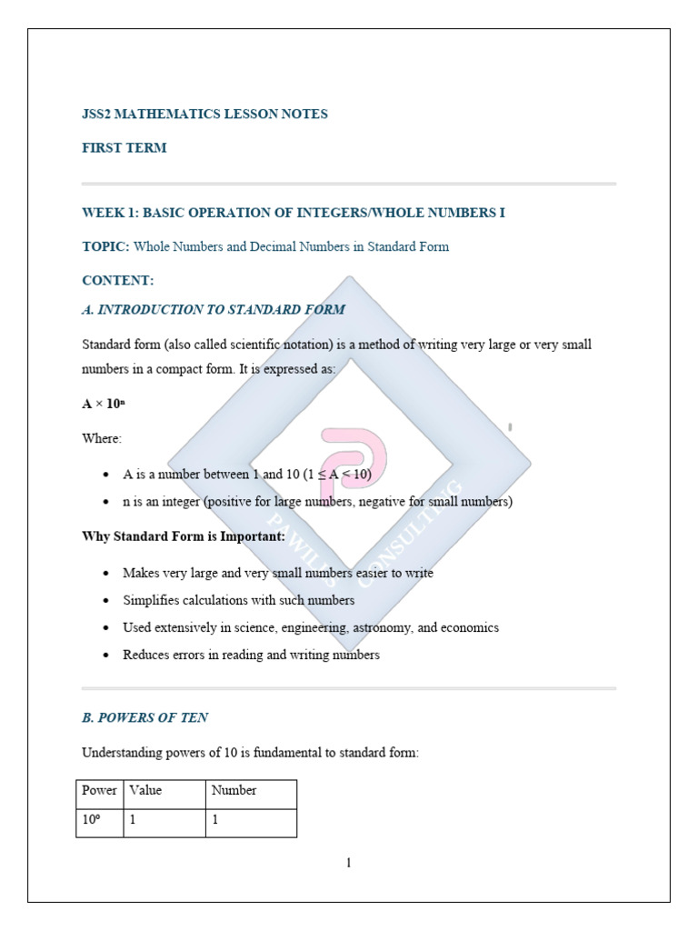 Jss 2 Mathematics Lesson Notes | PDF | Integer | Mathematics