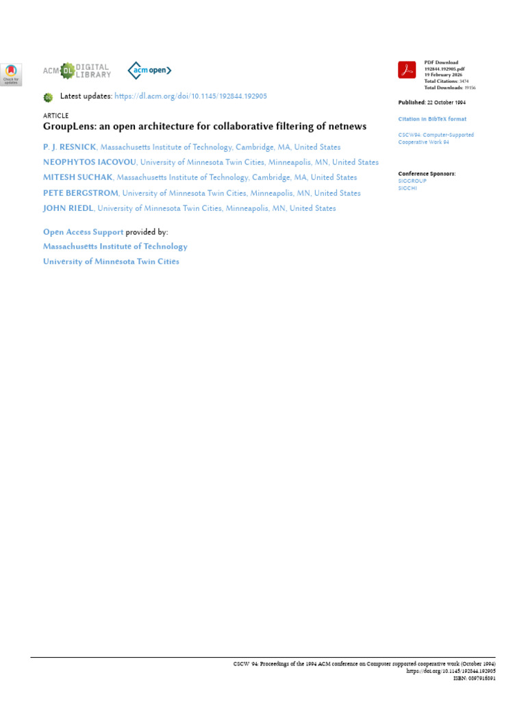 GroupLens An Open Architecture For Collaborative Filtering of Netnews ...