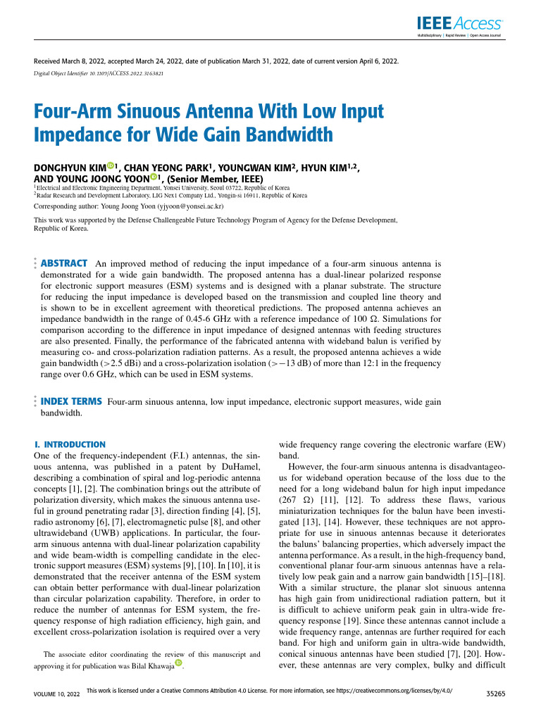 Four-Arm Sinuous Antenna With Low Input Impedance For Wide Gain ...