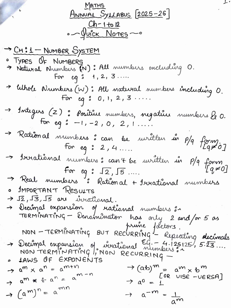 IX Mathematics Quick Notes of Chapter-1 To 12 | PDF