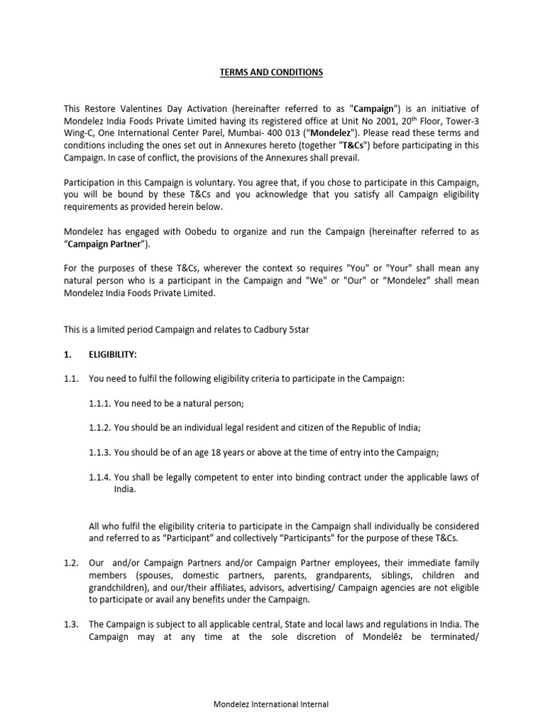 Terms and Conditions Campaign Mondelez T&Cs | PDF | Legal Liability ...