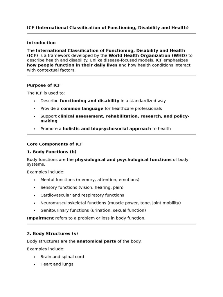 ICF Checklist Summary | PDF | Physical Therapy | Disability