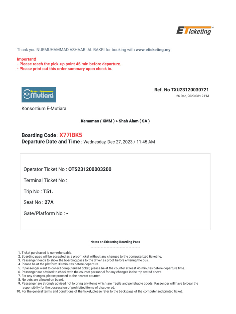 Https Eticketing - My Bus Boarding TransactionId | PDF