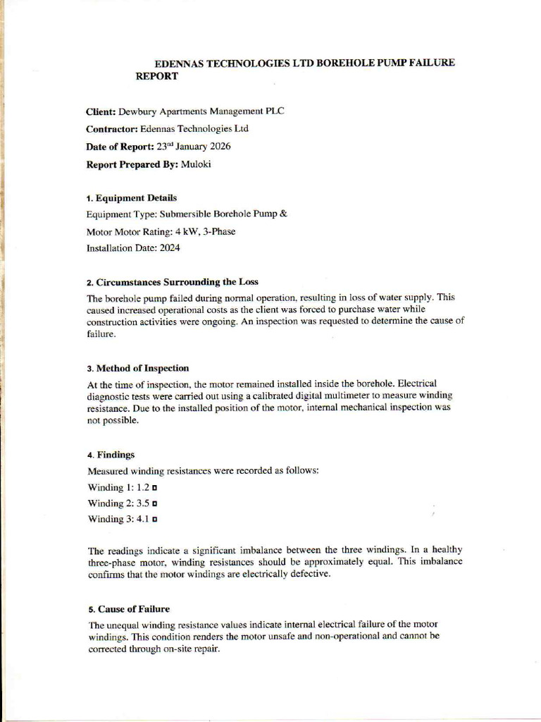 Borehole Pump Failure Report Edennas 2320260204 15335032 | PDF