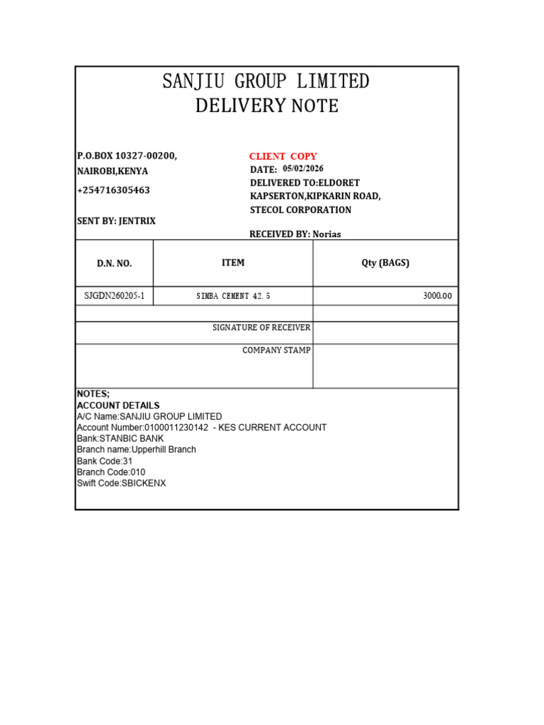Delivery Note Stecol Cement 05.02.26 | PDF