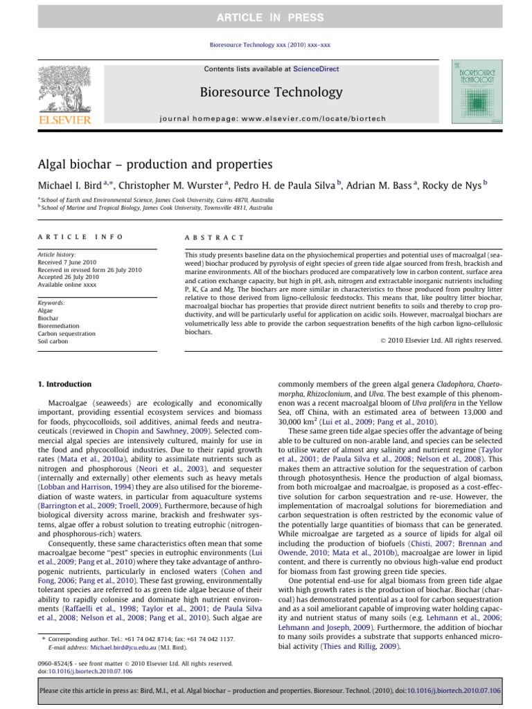 Algal Biochar - Production and Properties | PDF | Pyrolysis | Algae Fuel