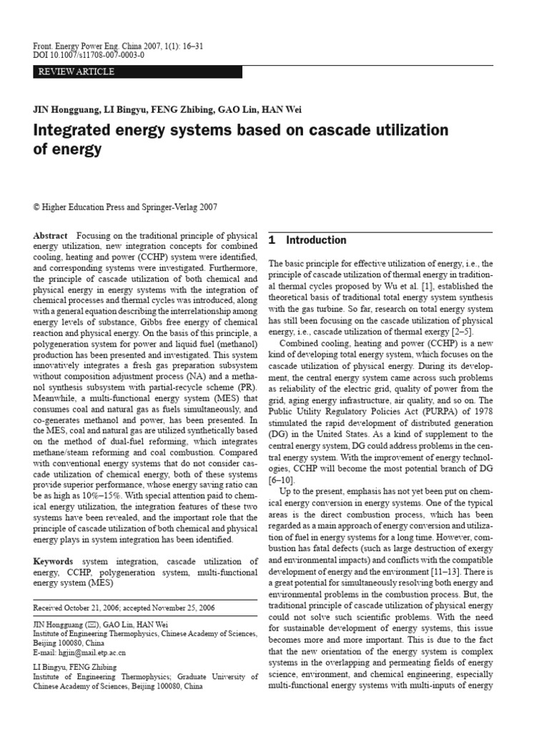 Integrated Energy Systems Based On Cascade Utilization of Energy | PDF ...