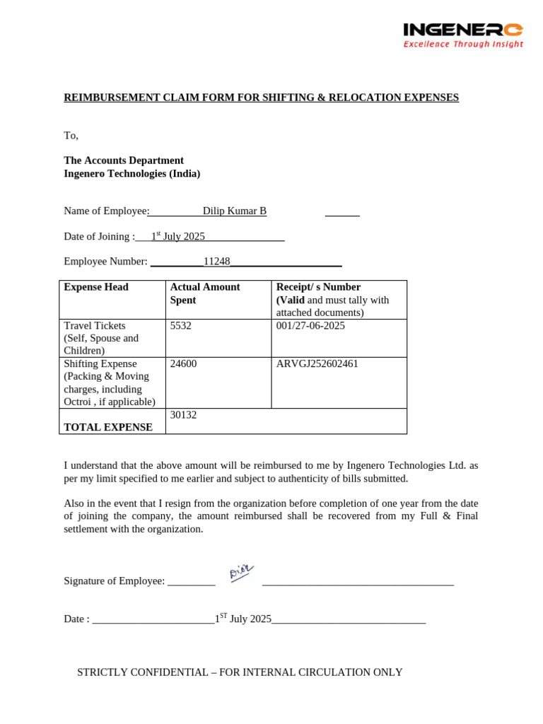 Shifting Relocation Expenses Claim Form 4 | PDF