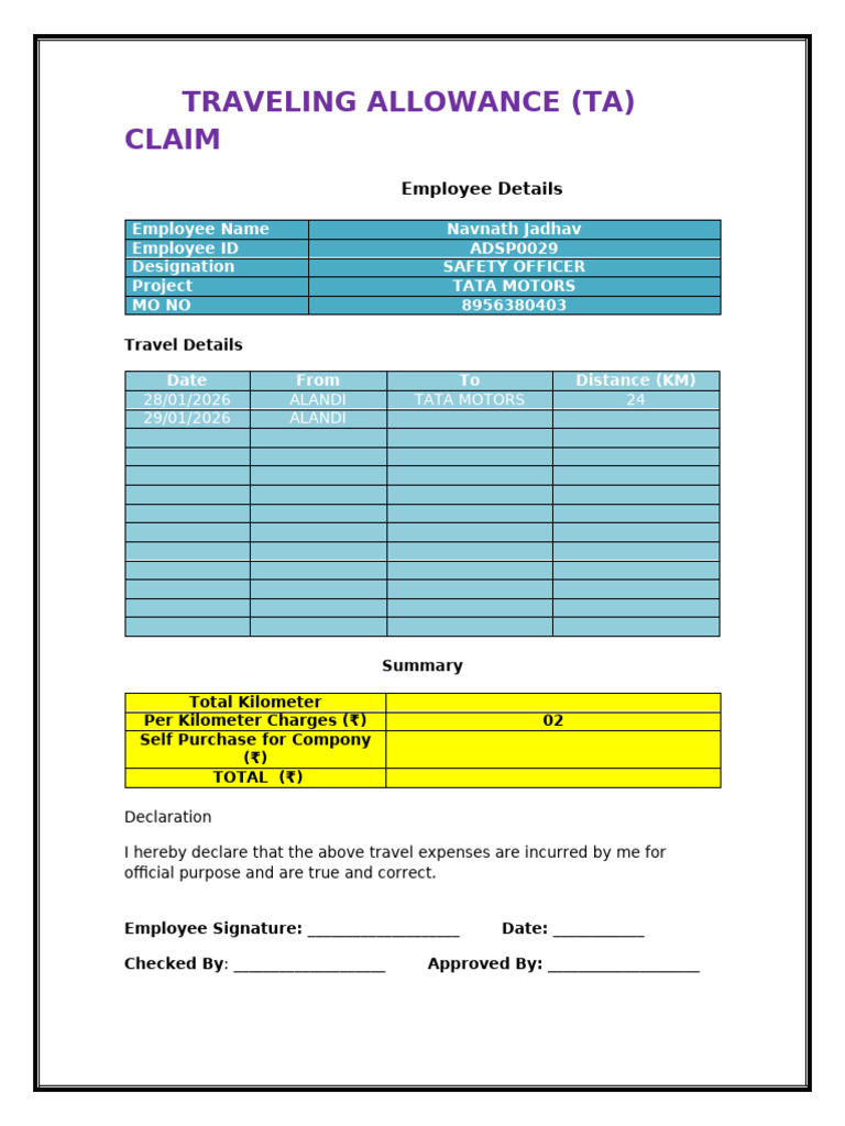 Traveling Allowance Format | PDF