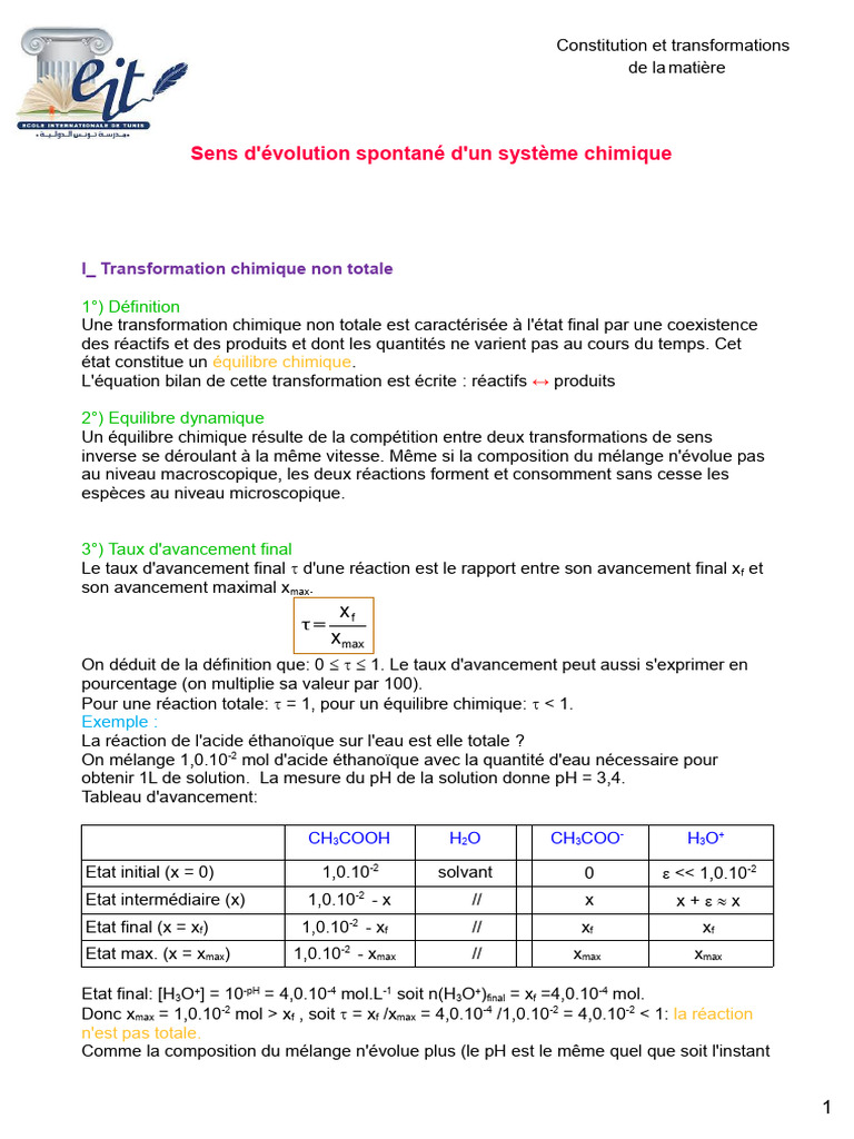 Cours Sens Evolution Systeme Chimique2023 Pagenumber | PDF | Réaction d ...