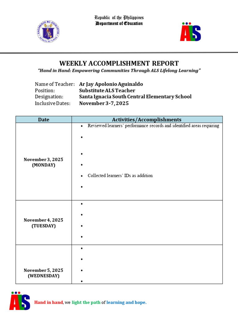 Als Weekly Accomplishment Report November 3-7-2025 | PDF | Learning ...