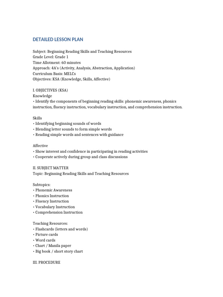 Detailed Lesson Plan Beginning Reading | PDF