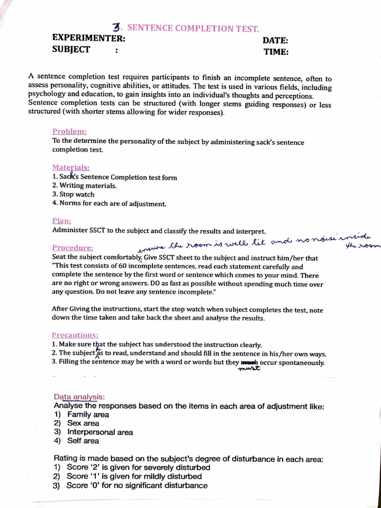 Practical 3 - Sentence Completion Test | PDF | Cognitive Science ...