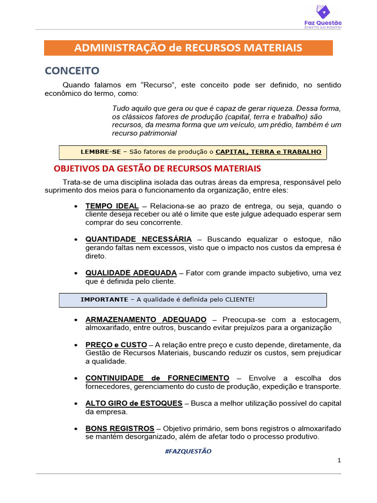 ADMINISTRAÇÃO de RECURSOS MATERIAIS - Classificação | PDF | Despesa ...