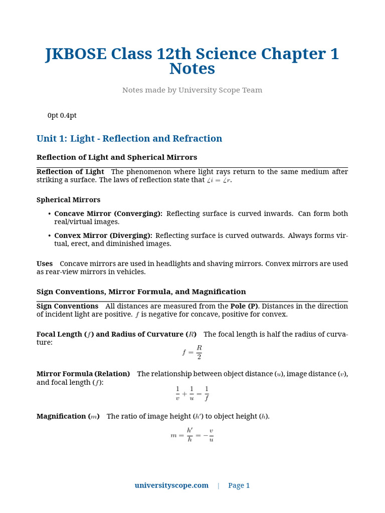 Chapter 1 Light - Reflection and Refraction | PDF | Mirror | Optics