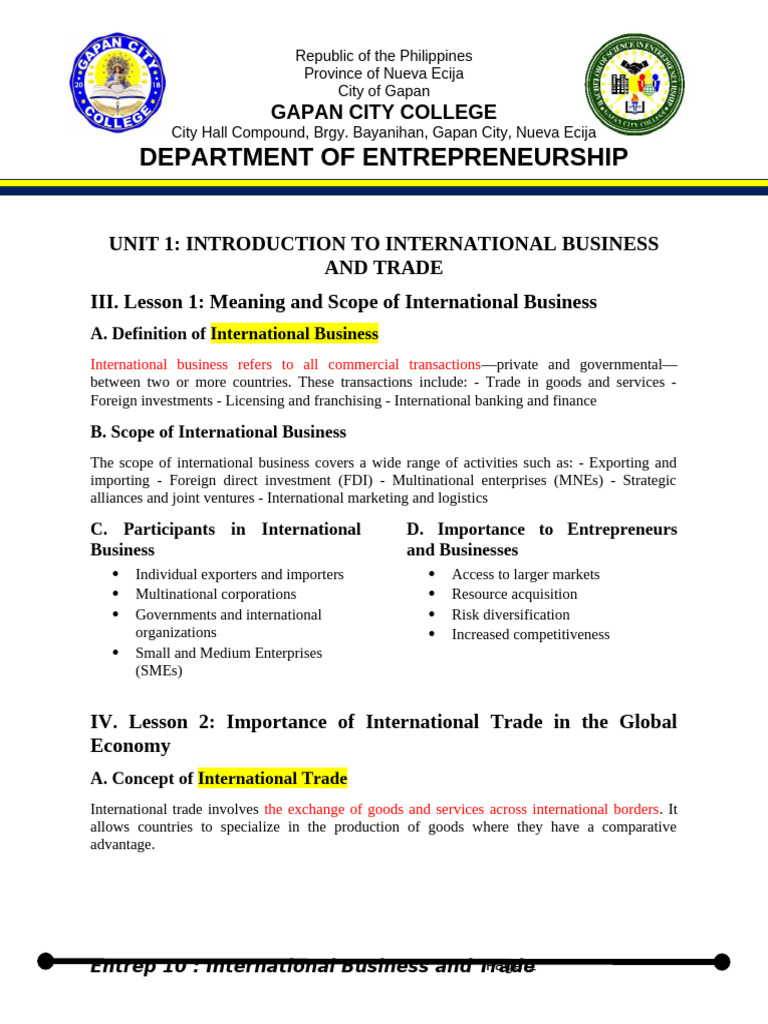 Unit 1 Introduction To International Business and Trade | PDF | Non ...
