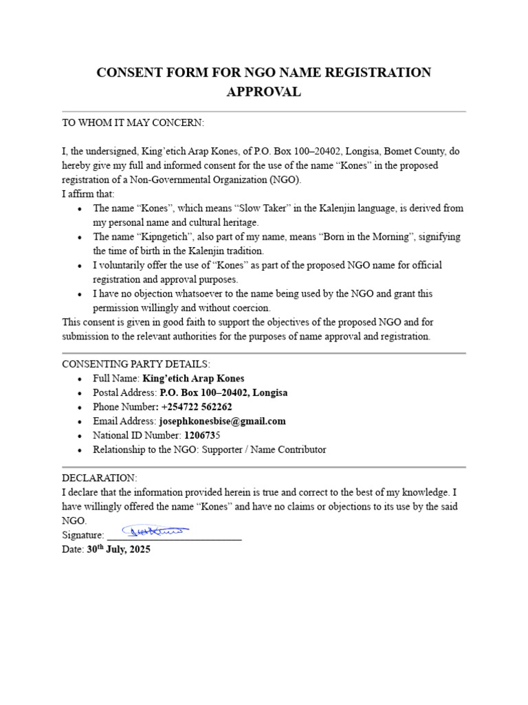Consent Form For Ngo Name Registration Approval | PDF