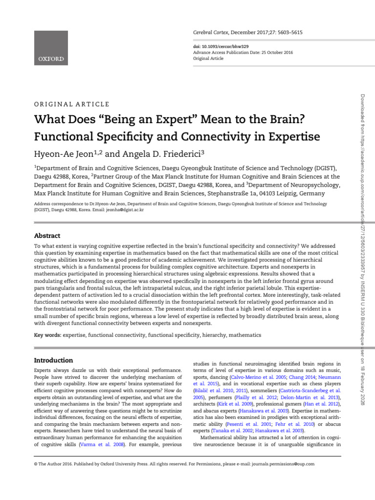 Functional Specificity and Connectivity in Expertise | PDF | Frontal ...