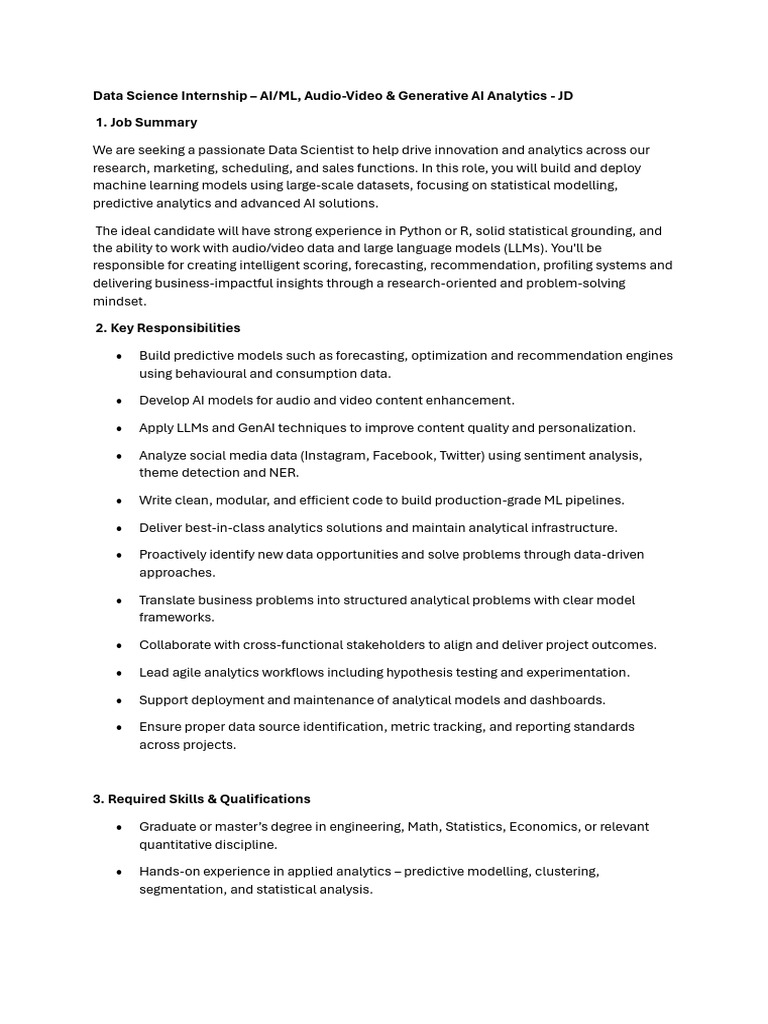 Data Science Internship JD | PDF | Analytics | Artificial Intelligence