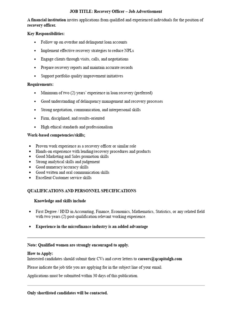 Job Description - Recovery Officer | PDF