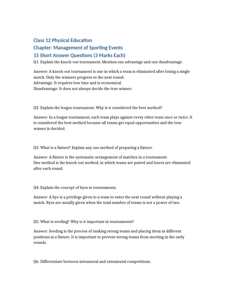Management of Sporting Events 15 Short Questions | PDF | Tournament ...