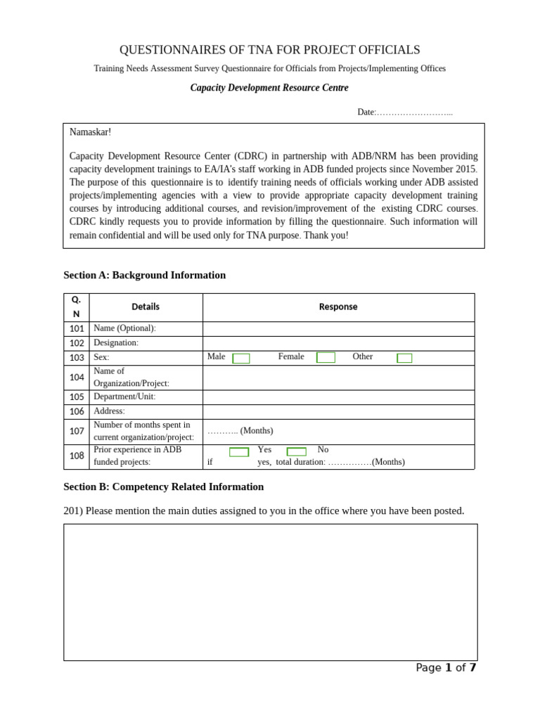 TNA Checklist For Project Officials Feb 5 | PDF | Environmental Impact ...