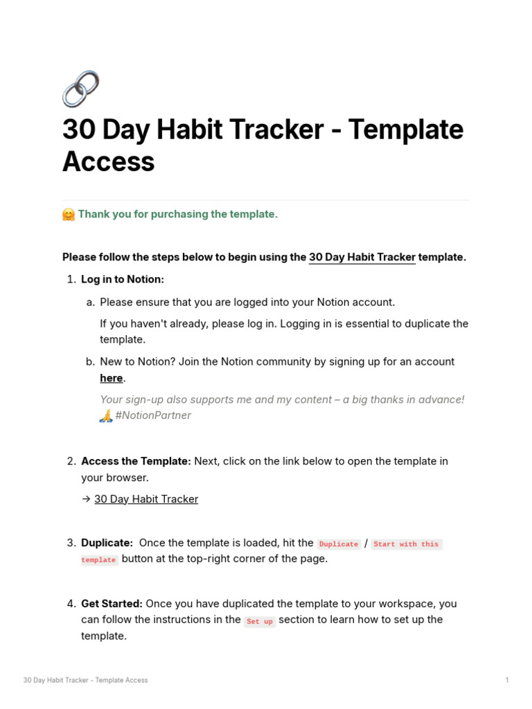 30 Day Habit Tracker - Template Access | PDF