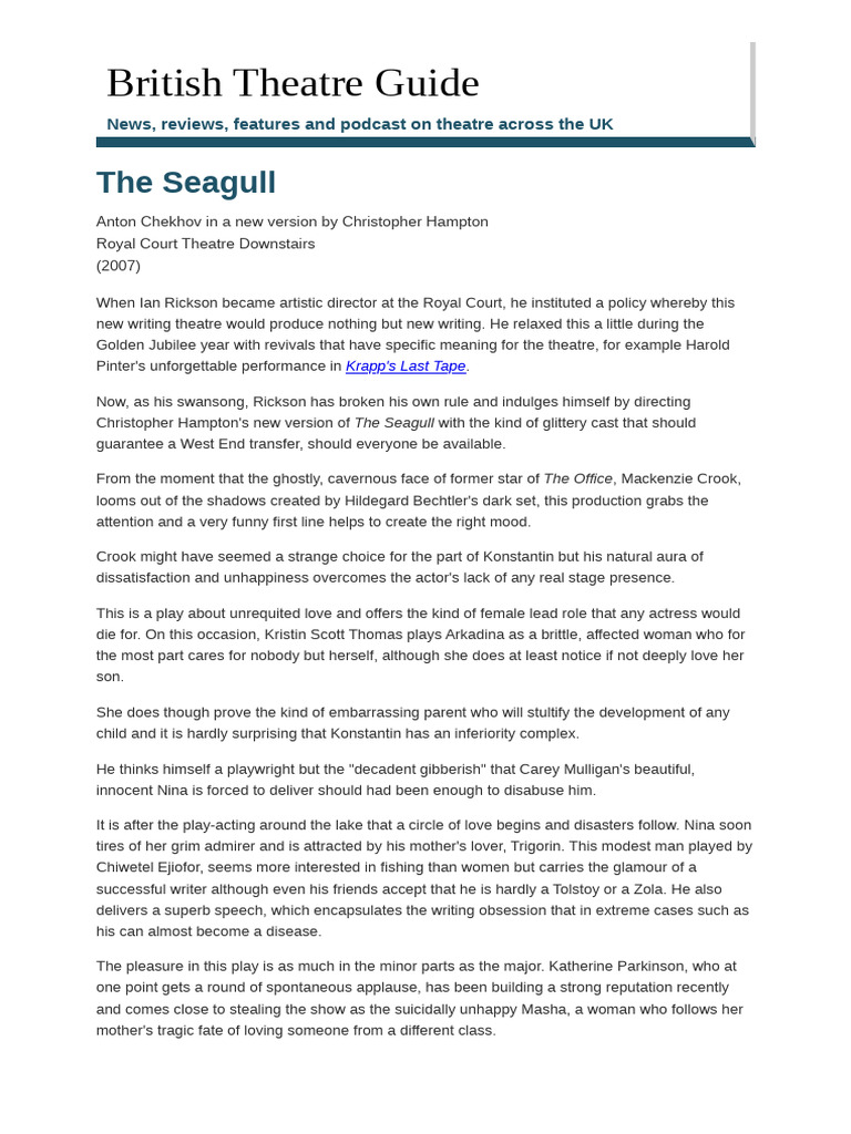 Theatre Review - The Seagull at Royal Court Theatre Downstairs | PDF ...