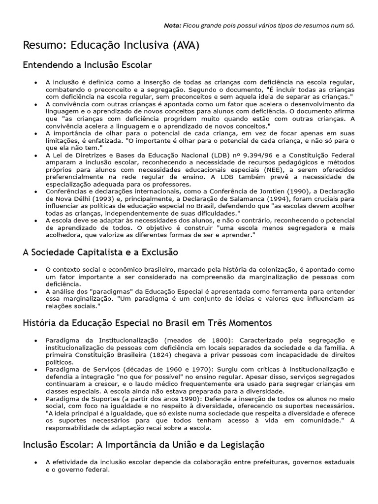 Resumo de Educação Inclusiva | PDF | Educação Especial | Inclusão ...