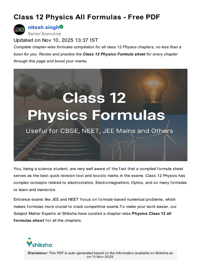 Class 12 Physics All Formulas - Free PDF: Nitesh Singh | PDF