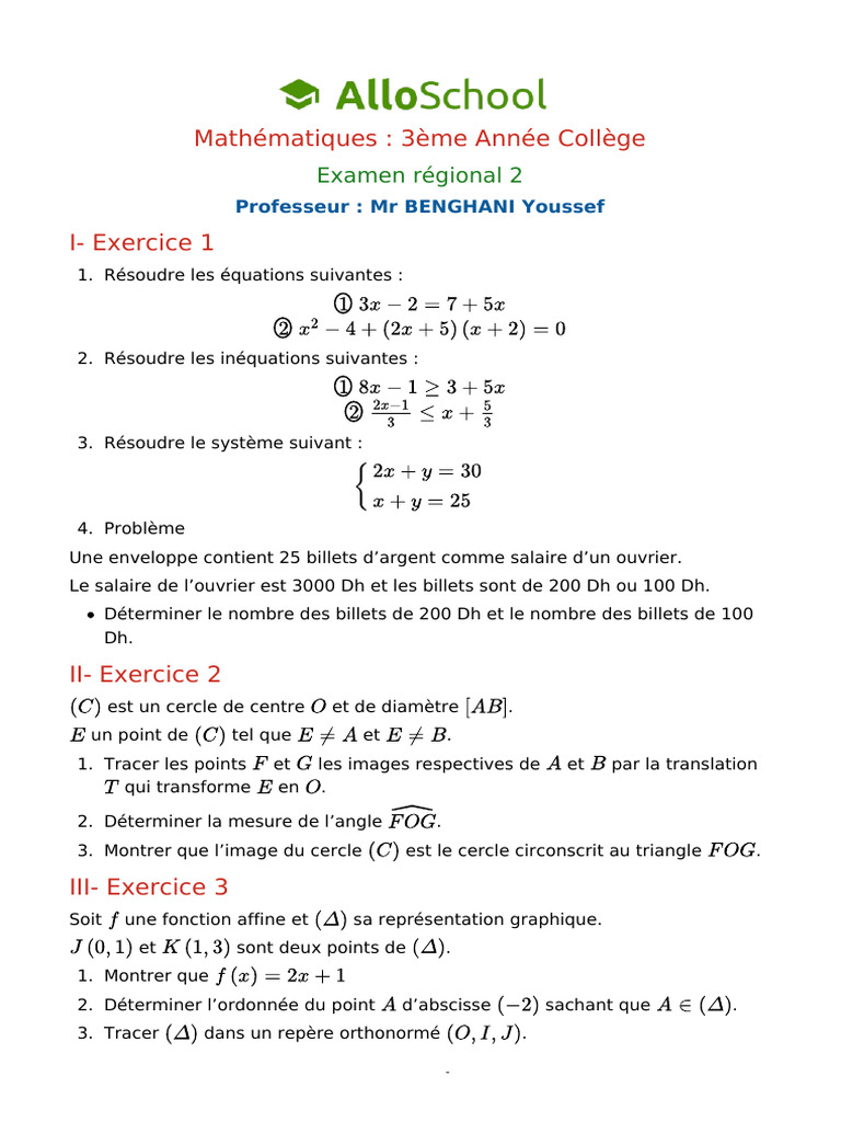 Maths 3ac Examen Regional 2 1 | PDF | Coordonnées cartésiennes | Cercle