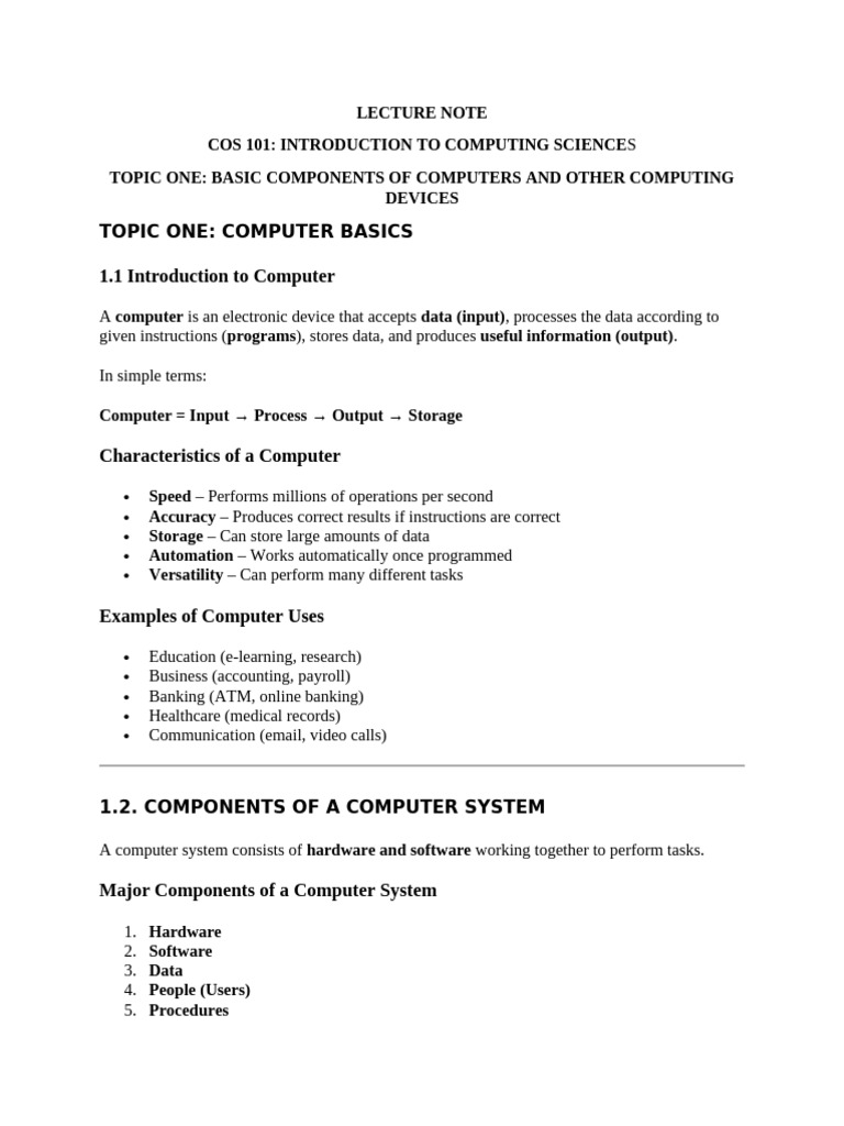 Cos 101 Lecture Note For Students | PDF | Computer Data Storage ...