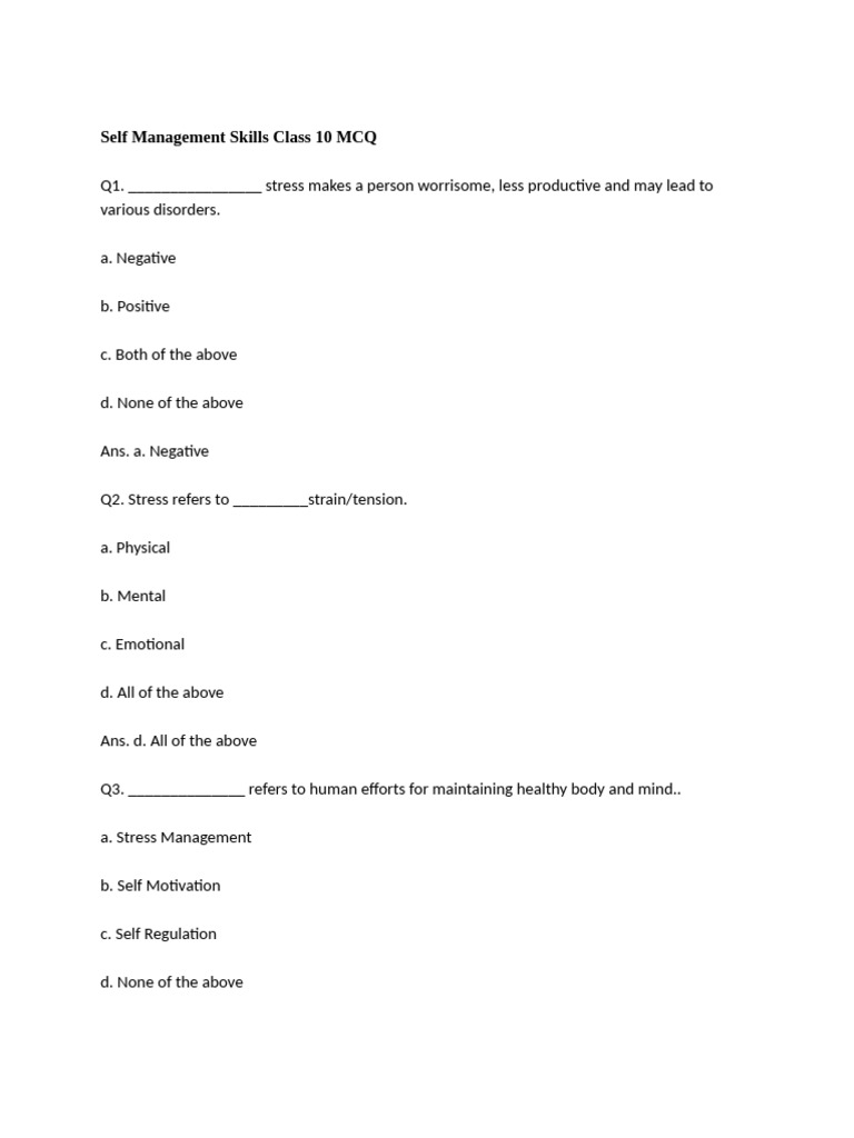 Self Management Skills Class 10 MCQ | PDF | Stress (Biology) | Meditation