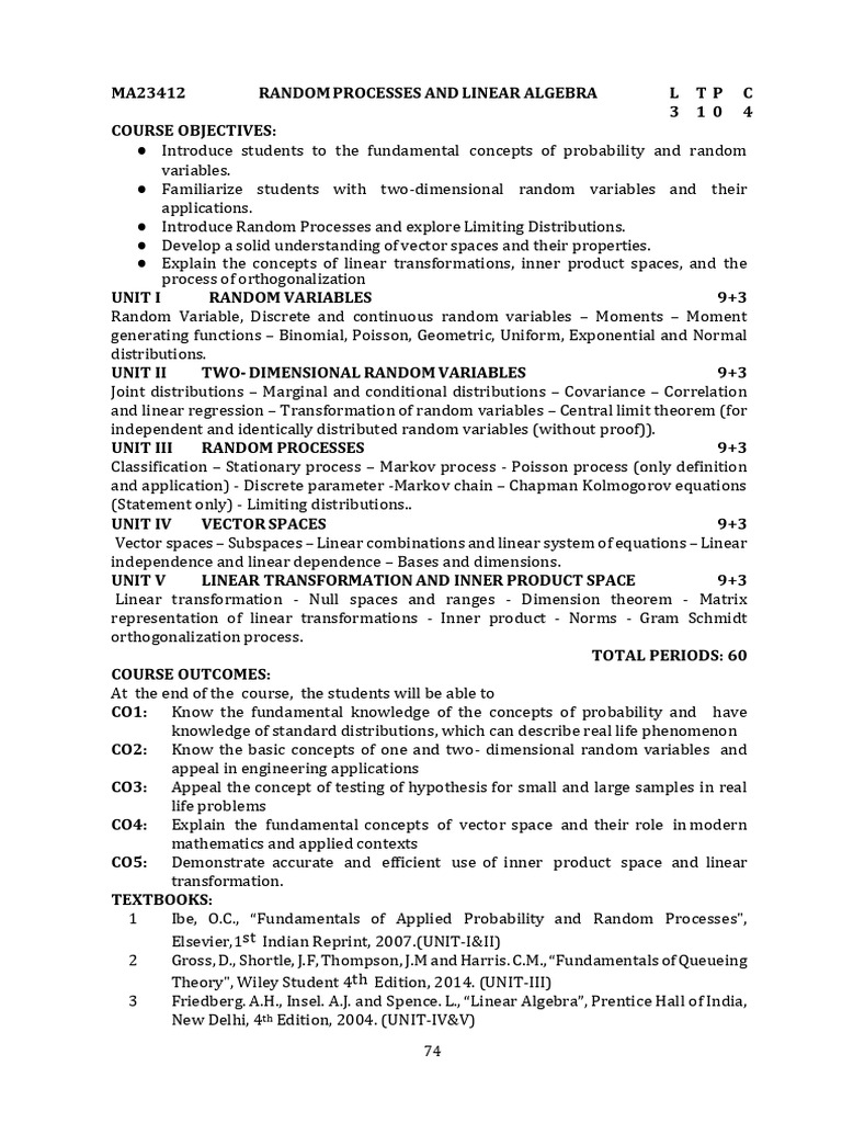 Random Processes and Linear Algebra Syllabus | PDF | Probability ...